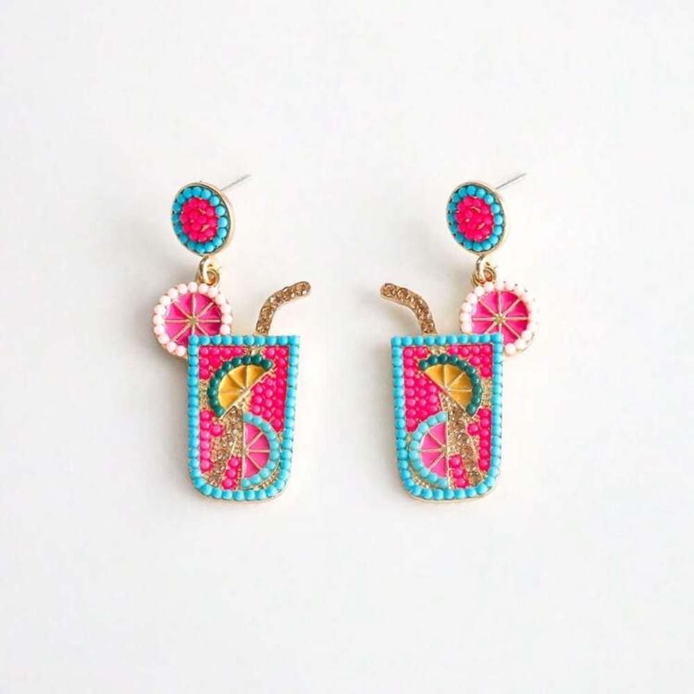 Colourful Summer Drink  Cocktail Earrings Pink Turquoise Blue Gold Tone Lemonade - Picture 6 of 7